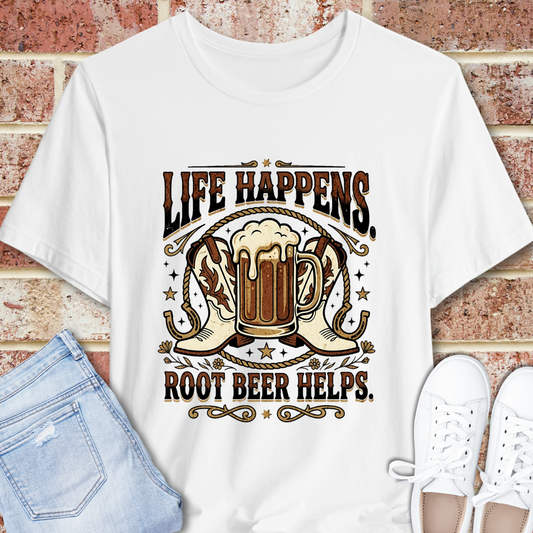 Life Happens, Root Beer Helps T-Shirt | Western Boots Rodeo Vintage Beverage Tee