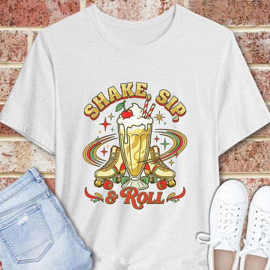 Shake, Sip & Roll Milkshake Tee — Retro Diner Vintage Dessert T‑Shirt