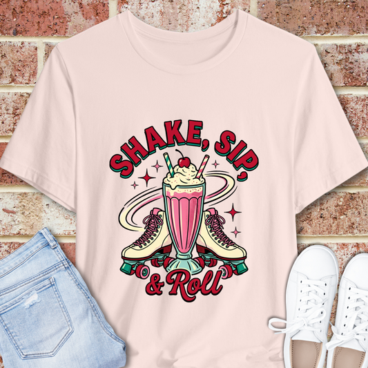 Milkshake Retro T-Shirt — "Shake, Sip & Roll" Vintage Diner Graphic Tee