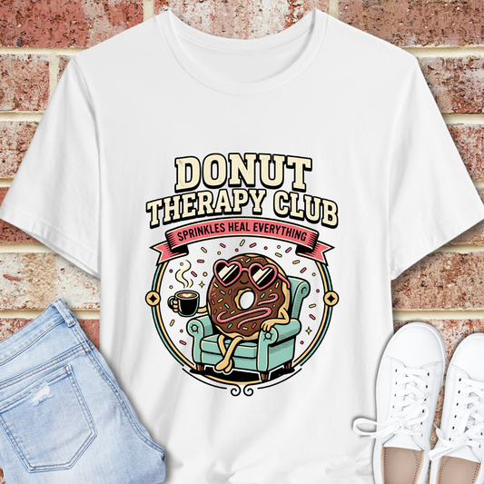 Donut Therapy Club T‑Shirt — Sprinkles Heal Everything Retro Dessert Tee, Funny Donut Tee, Emotional Support Shirt