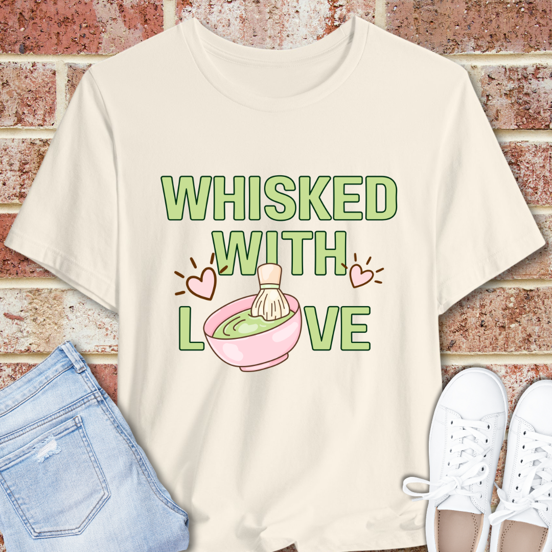 Whisked With Love Matcha T-Shirt — Cute Matcha Lover Tee with Whisk & Pink Hearts