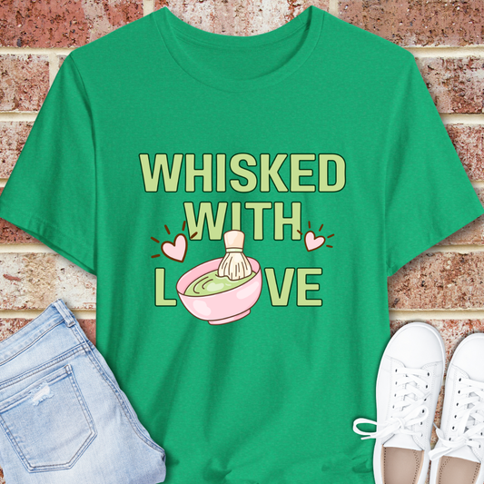 Whisked With Love Matcha T-Shirt — Cute Matcha Lover Tee with Whisk & Pink Hearts