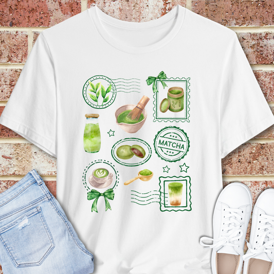 Vintage Matcha Green Tea Stamp T-Shirt — Retro Watercolor Tee