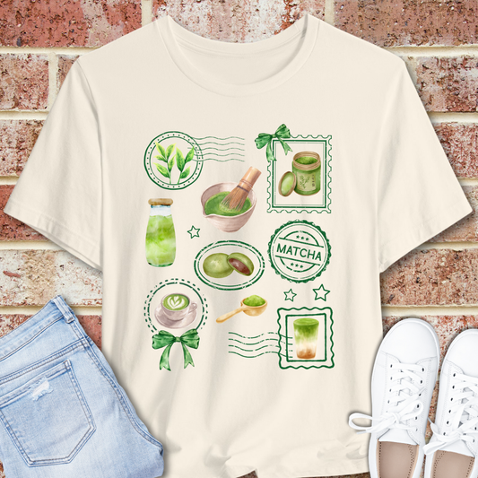 Vintage Matcha Green Tea Stamp T-Shirt — Retro Watercolor Tee
