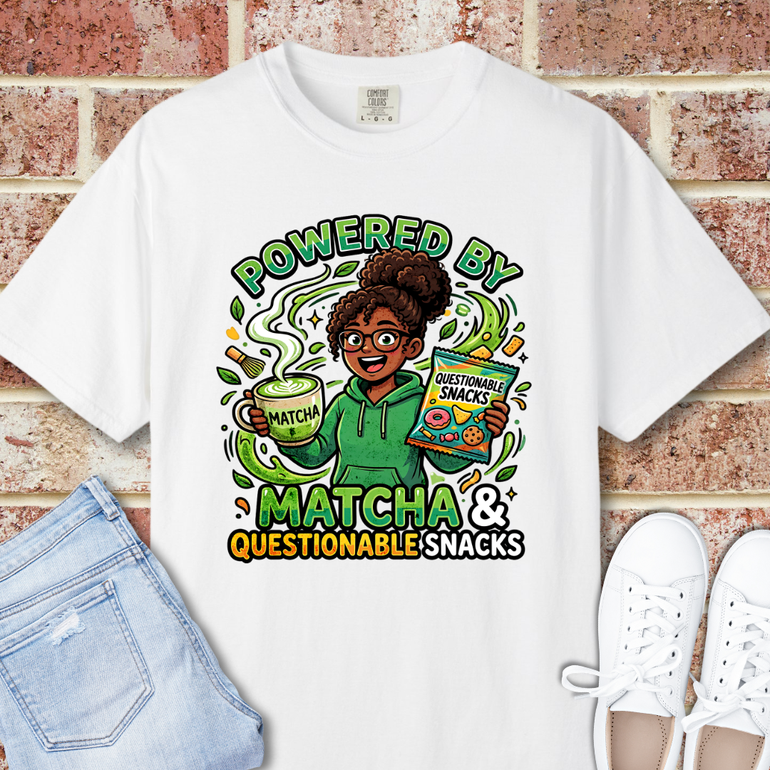 Powered By Matcha & Questionable Snacks T-Shirt - Funny Matcha Tee
