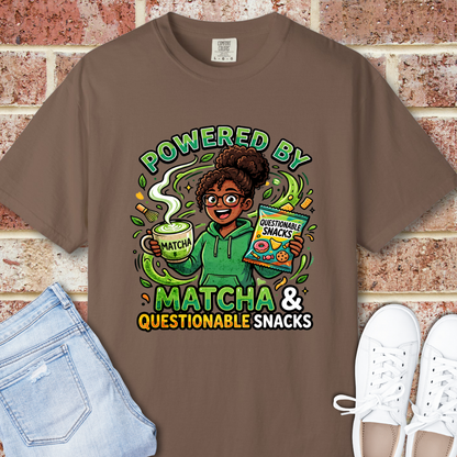 Powered By Matcha & Questionable Snacks T-Shirt - Funny Matcha Tee