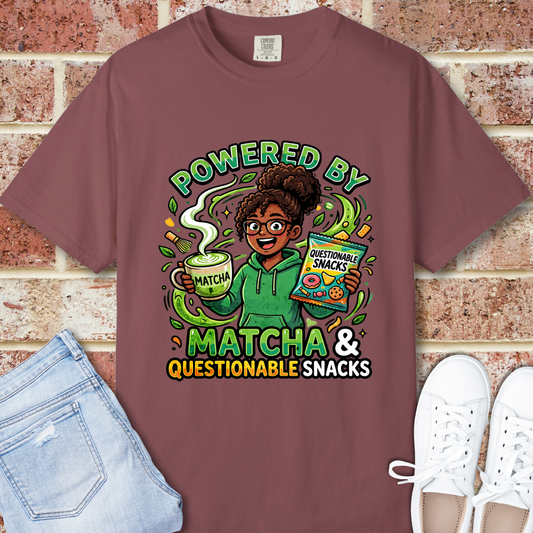 Powered By Matcha & Questionable Snacks T-Shirt - Funny Matcha Tee