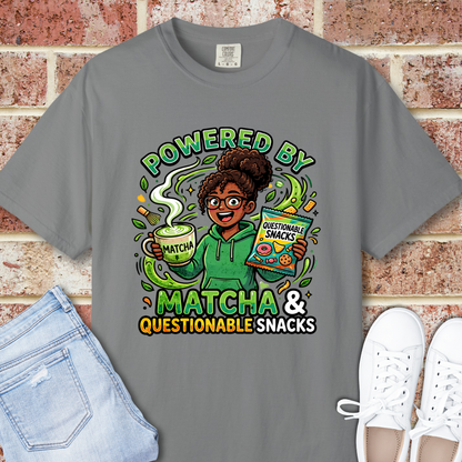 Powered By Matcha & Questionable Snacks T-Shirt - Funny Matcha Tee