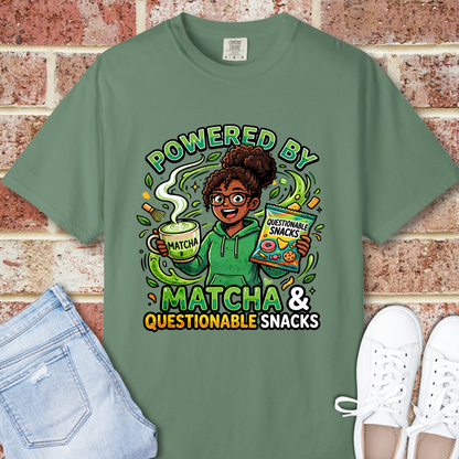 Powered By Matcha & Questionable Snacks T-Shirt - Funny Matcha Tee
