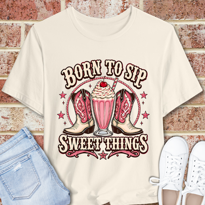 Born to Sip Sweet Things Tee – Retro Milkshake & Cowgirl Boots Graphic T‑Shirt