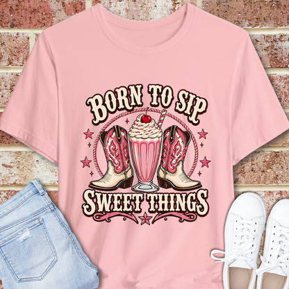 Born to Sip Sweet Things Tee – Retro Milkshake & Cowgirl Boots Graphic T‑Shirt