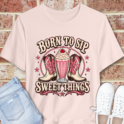 Born to Sip Sweet Things Tee – Retro Milkshake & Cowgirl Boots Graphic T‑Shirt