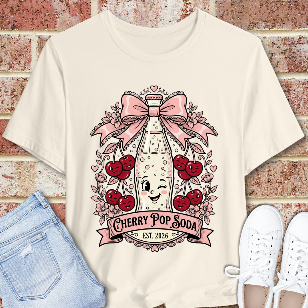 Cherry Pop Soda T-Shirt — Retro Cute Cherry Soda Bottle Graphic Tee