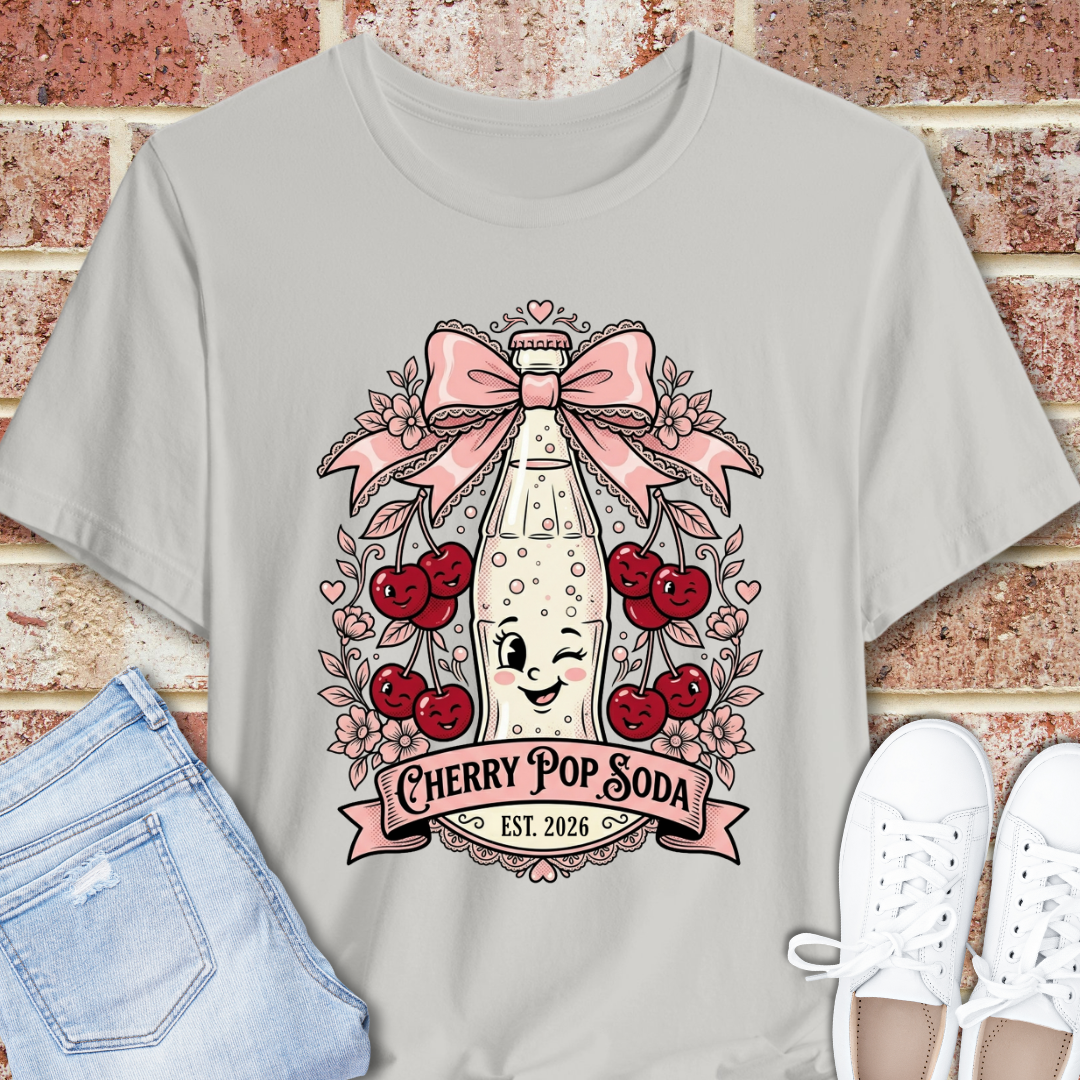 Cherry Pop Soda T-Shirt — Retro Cute Cherry Soda Bottle Graphic Tee