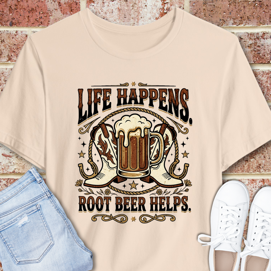 Life Happens, Root Beer Helps T-Shirt | Western Boots Rodeo Vintage Beverage Tee