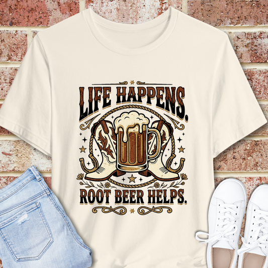 Life Happens, Root Beer Helps T-Shirt | Western Boots Rodeo Vintage Beverage Tee