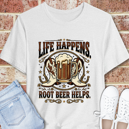 Life Happens, Root Beer Helps T-Shirt | Western Boots Rodeo Vintage Beverage Tee
