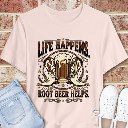 Life Happens, Root Beer Helps T-Shirt | Western Boots Rodeo Vintage Beverage Tee