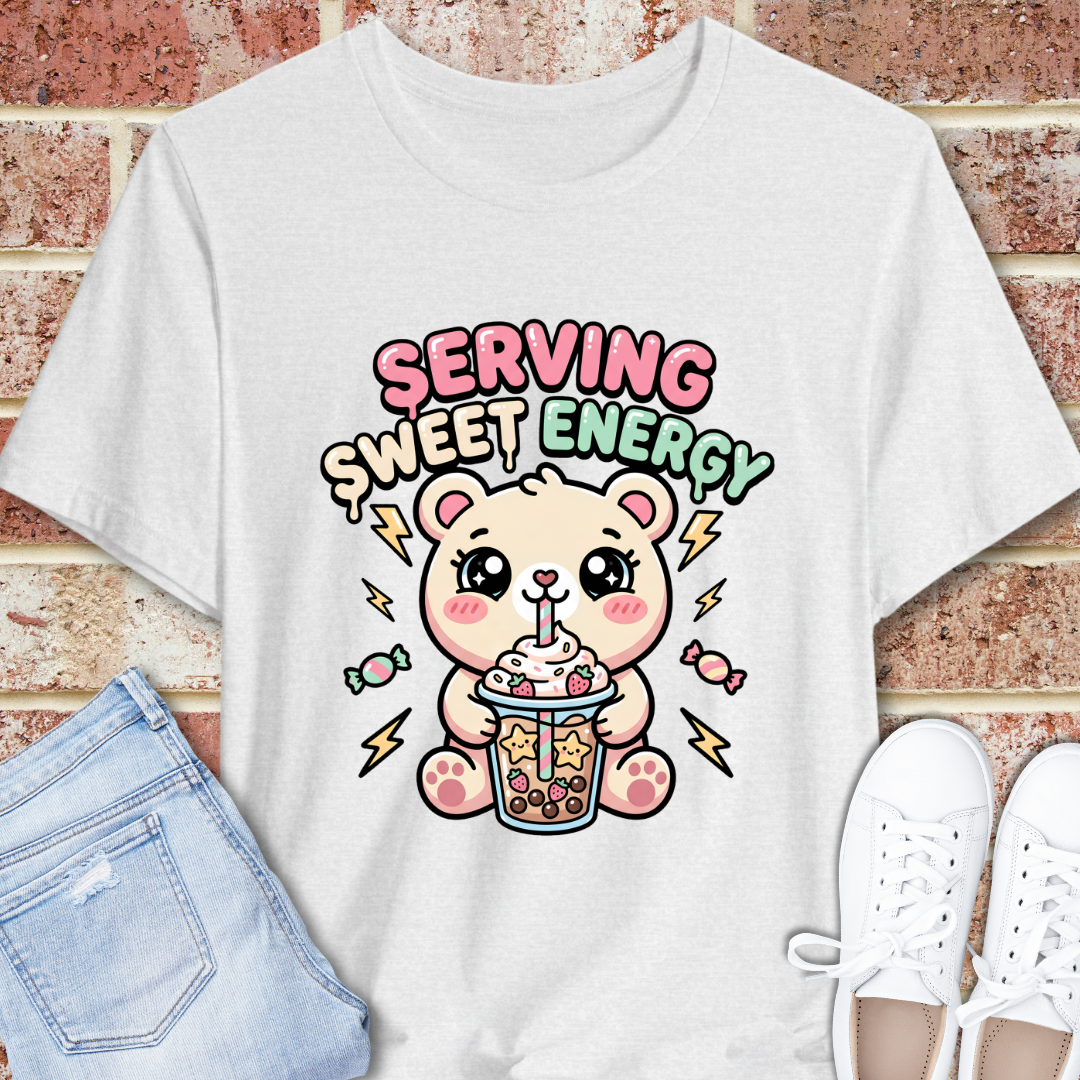 Serving Sweet Energy Tee — Cute Bear Boba Graphic T-Shirt