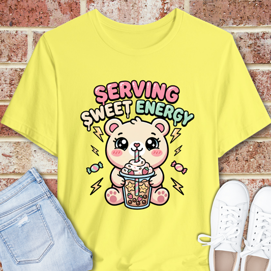 Serving Sweet Energy Tee — Cute Bear Boba Graphic T-Shirt