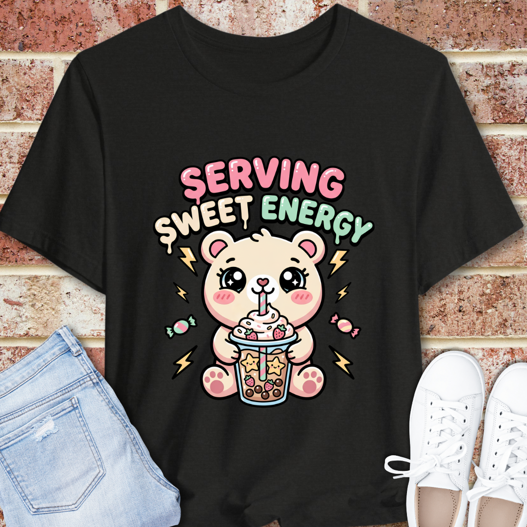 Serving Sweet Energy Tee — Cute Bear Boba Graphic T-Shirt