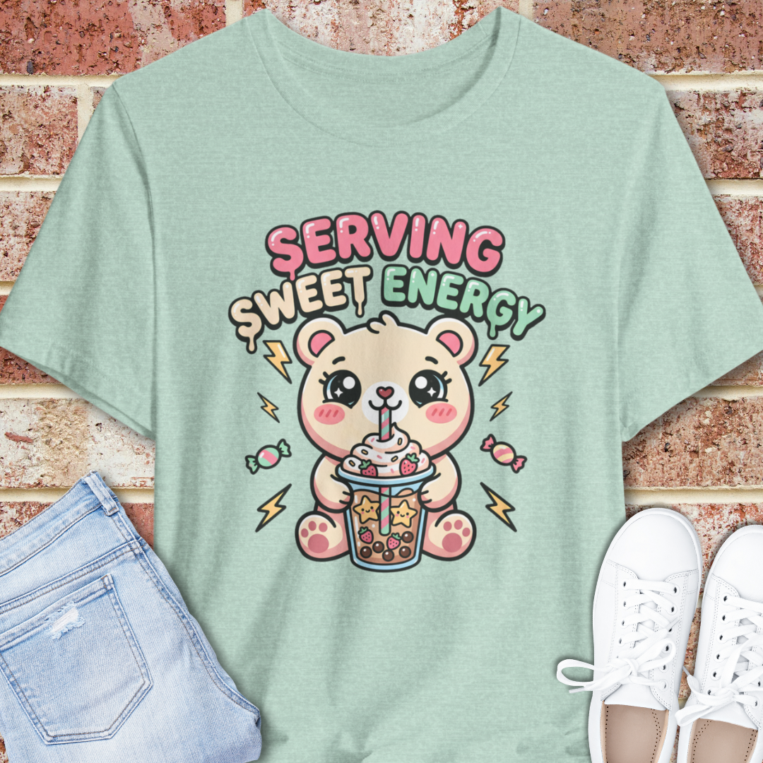 Serving Sweet Energy Tee — Cute Bear Boba Graphic T-Shirt