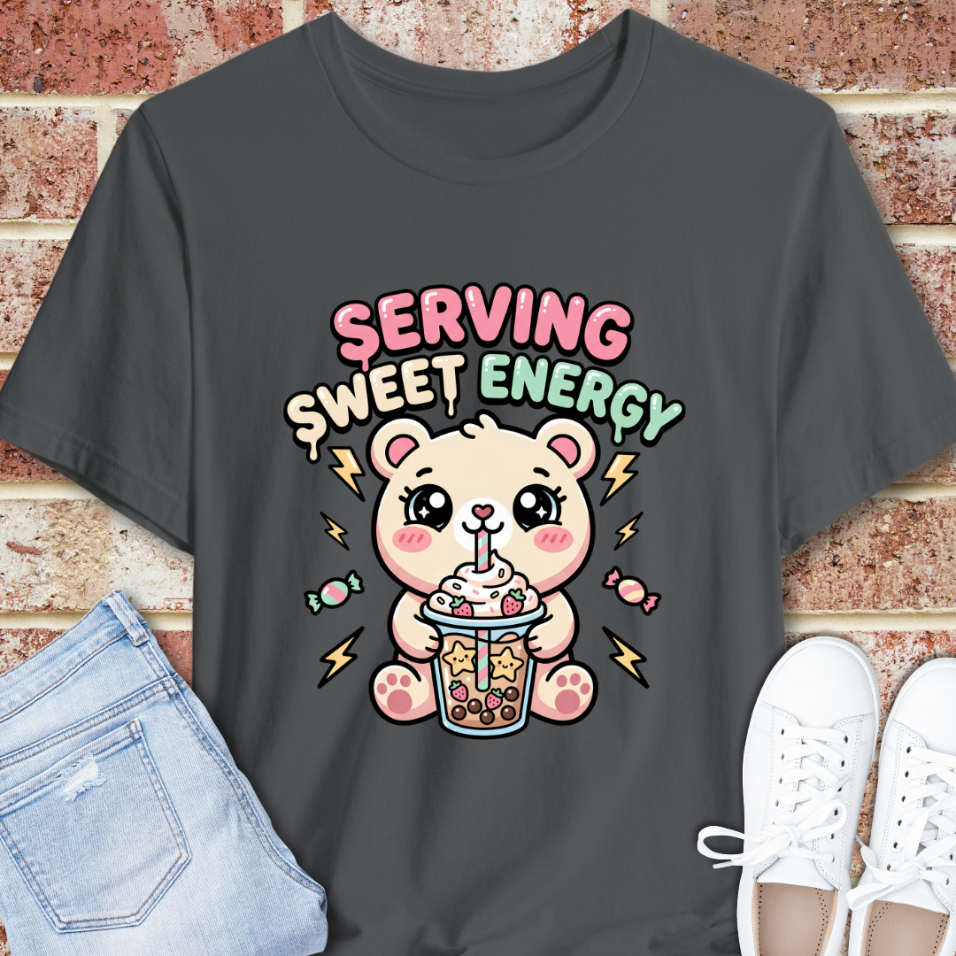 Serving Sweet Energy Tee — Cute Bear Boba Graphic T-Shirt