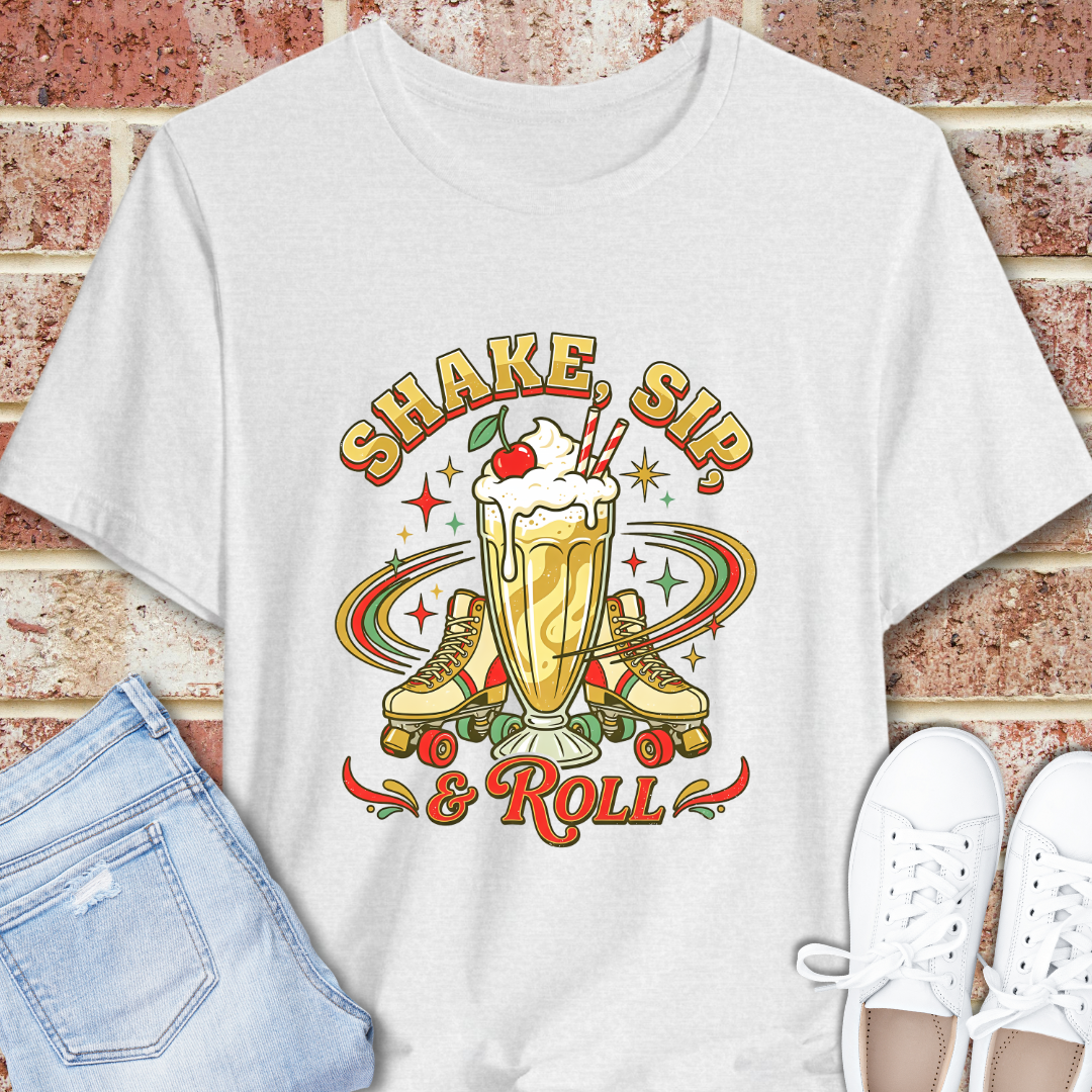 Shake, Sip & Roll Milkshake Tee — Retro Diner Vintage Dessert T‑Shirt