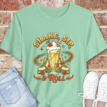 Shake, Sip & Roll Milkshake Tee — Retro Diner Vintage Dessert T‑Shirt
