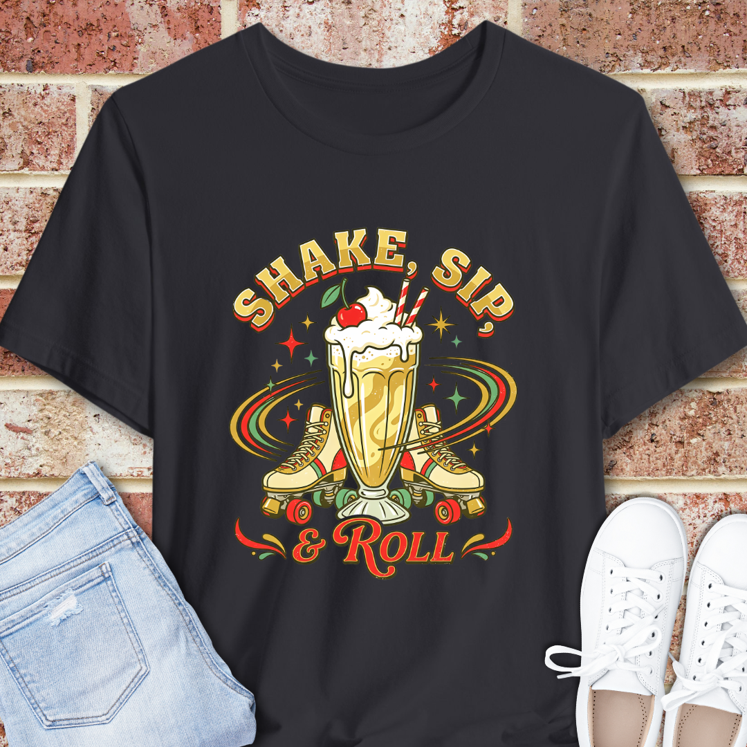 Shake, Sip & Roll Milkshake Tee — Retro Diner Vintage Dessert T‑Shirt
