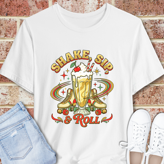 Shake, Sip & Roll Milkshake Tee — Retro Diner Vintage Dessert T‑Shirt