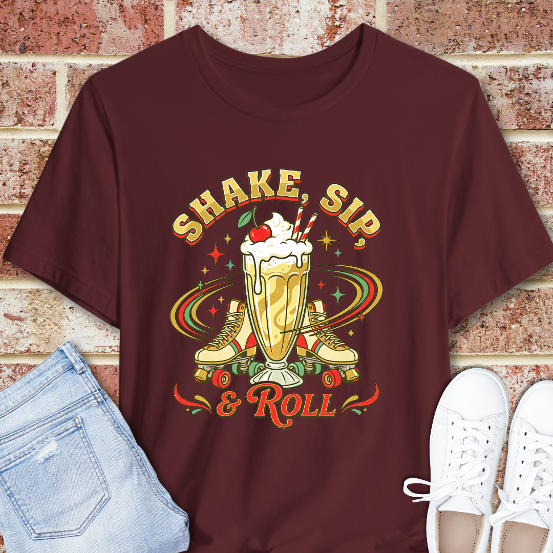 Shake, Sip & Roll Milkshake Tee — Retro Diner Vintage Dessert T‑Shirt
