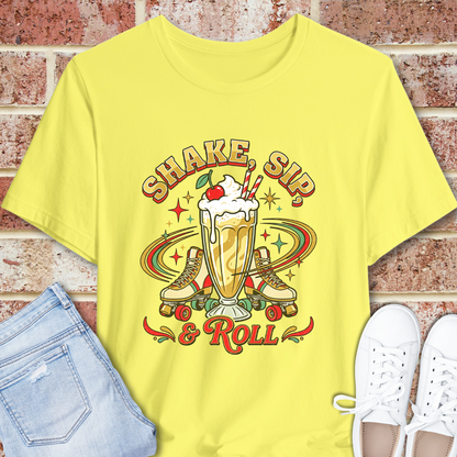 Shake, Sip & Roll Milkshake Tee — Retro Diner Vintage Dessert T‑Shirt