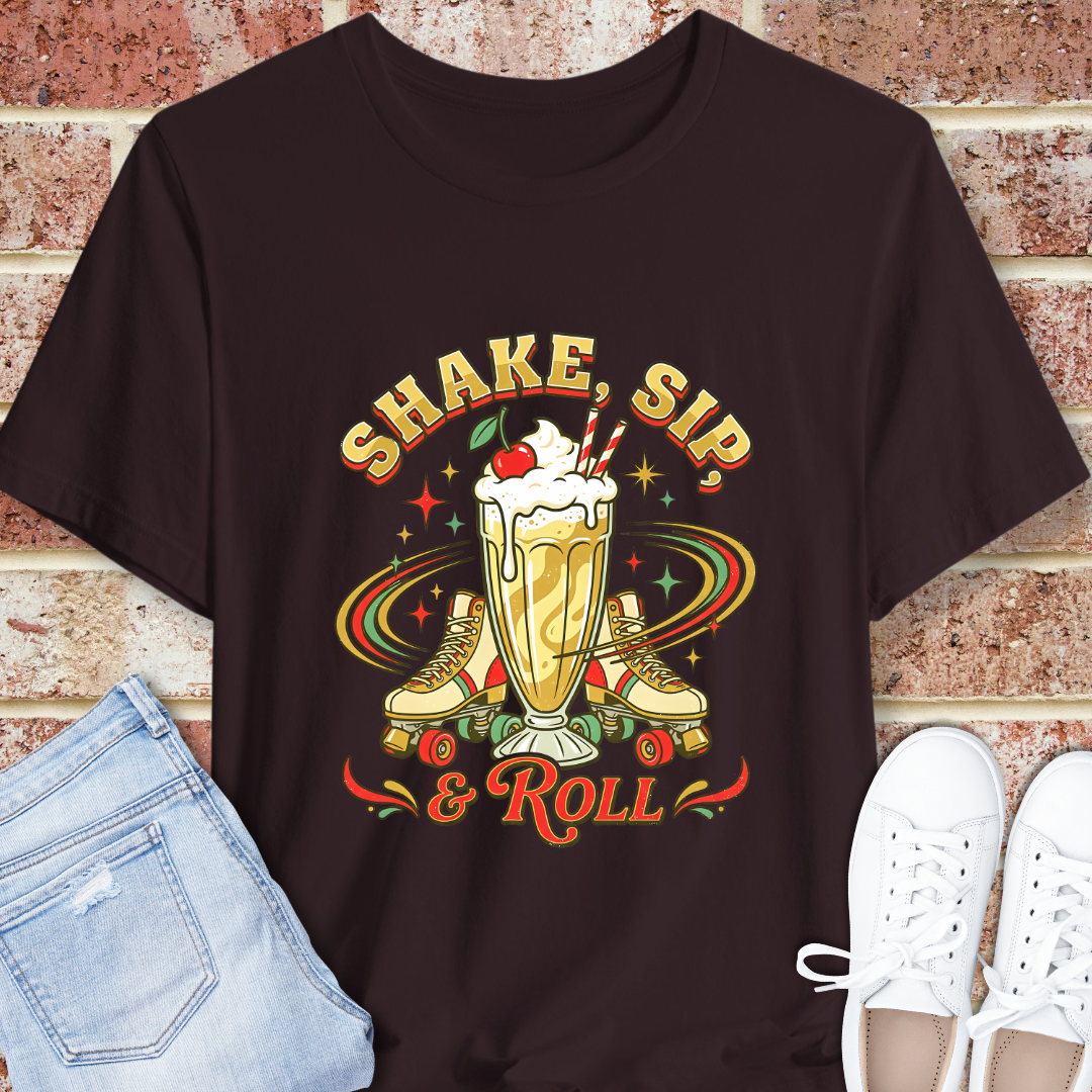 Shake, Sip & Roll Milkshake Tee — Retro Diner Vintage Dessert T‑Shirt