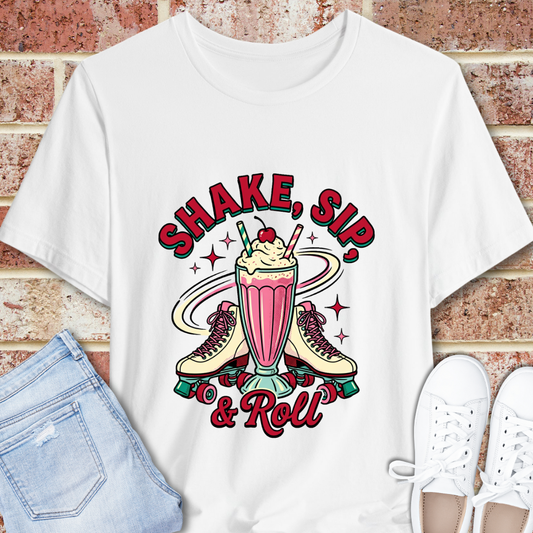 Milkshake Retro T-Shirt — "Shake, Sip & Roll" Vintage Diner Graphic Tee