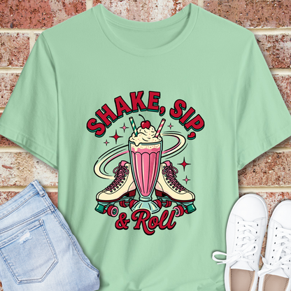Milkshake Retro T-Shirt — "Shake, Sip & Roll" Vintage Diner Graphic Tee