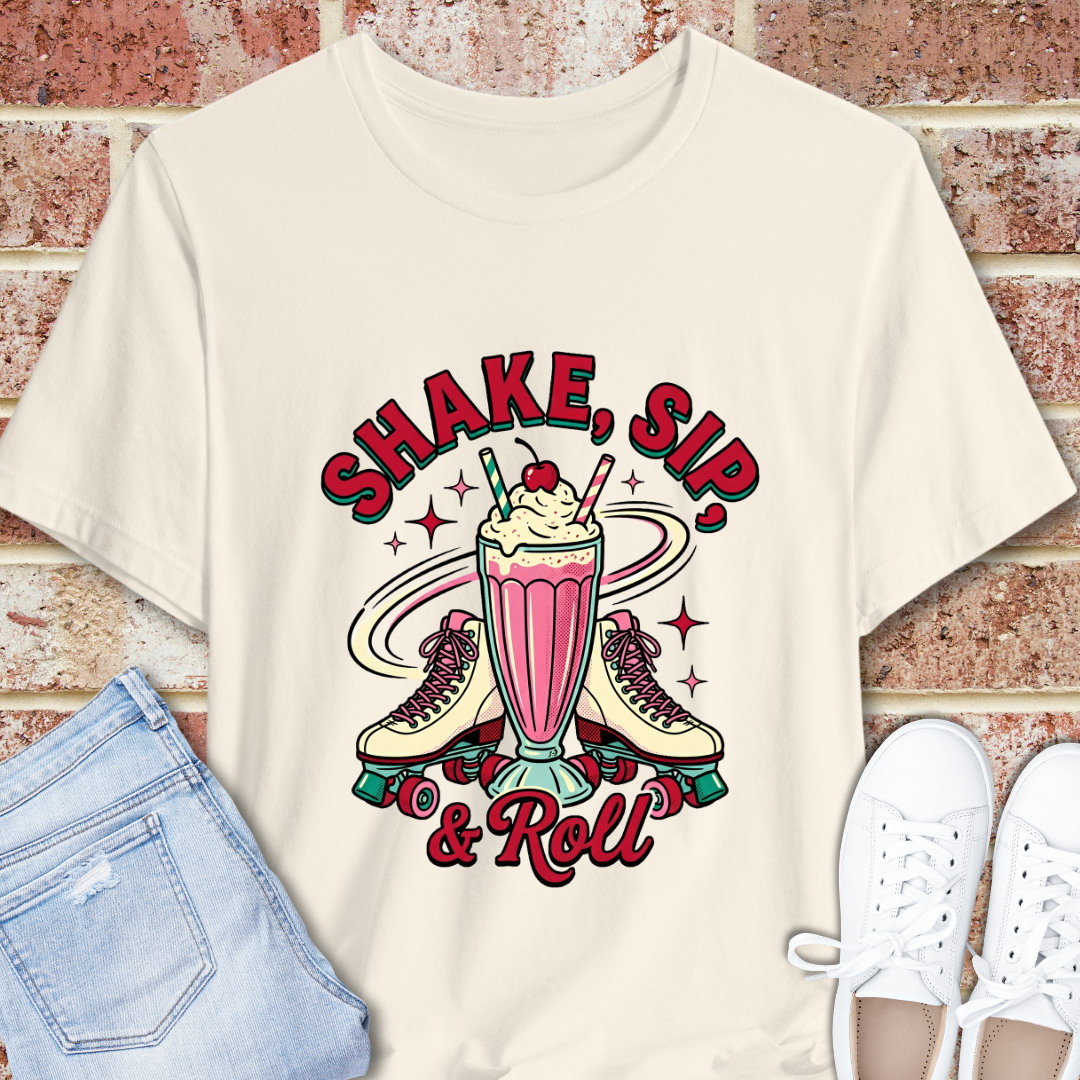 Milkshake Retro T-Shirt — "Shake, Sip & Roll" Vintage Diner Graphic Tee