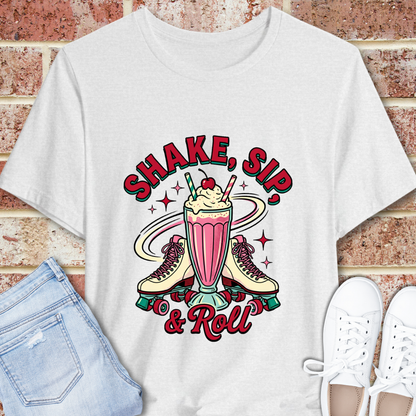 Milkshake Retro T-Shirt — "Shake, Sip & Roll" Vintage Diner Graphic Tee