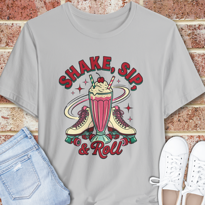 Milkshake Retro T-Shirt — "Shake, Sip & Roll" Vintage Diner Graphic Tee