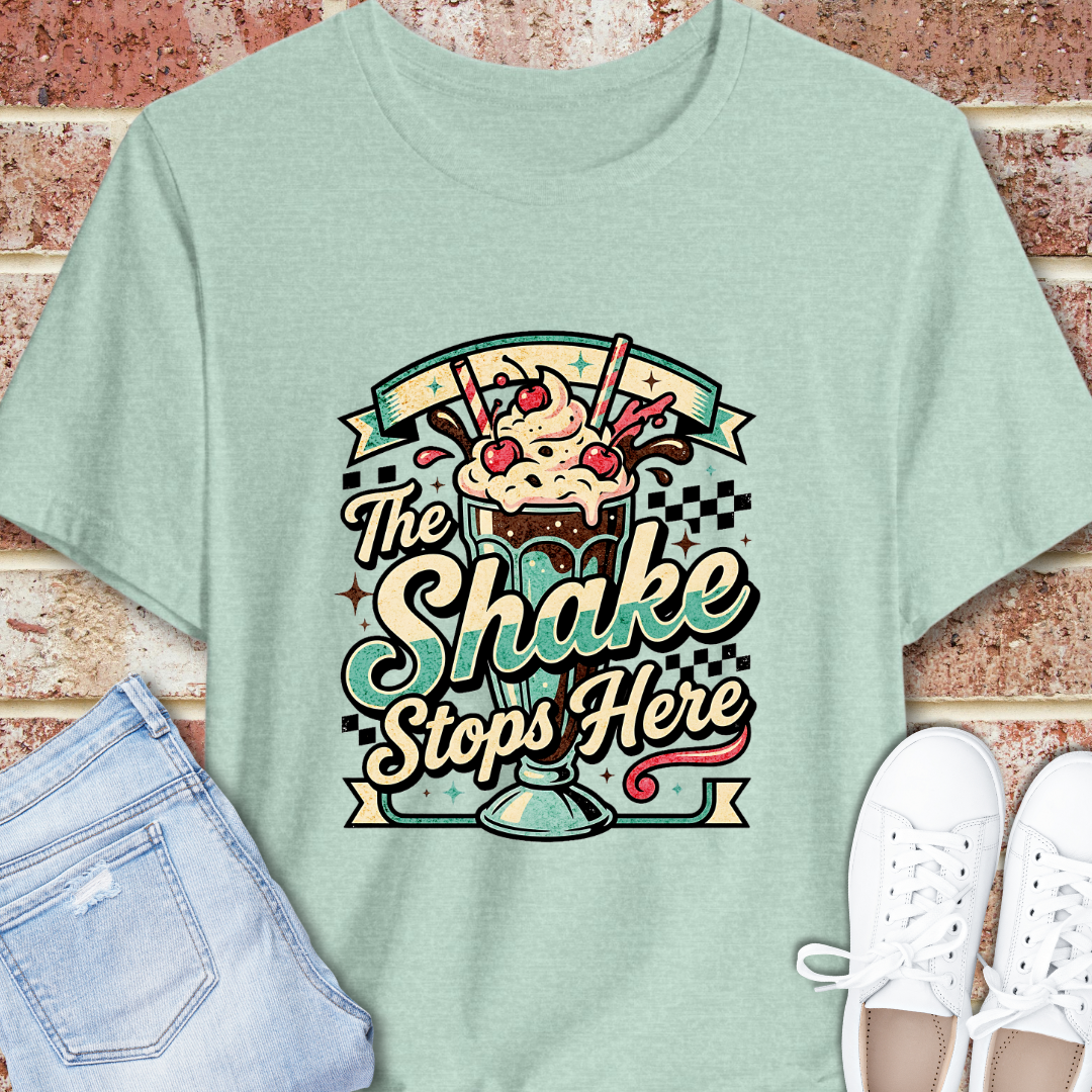 The Shake Stops Here T‑Shirt — Retro Diner Milkshake Graphic Tee