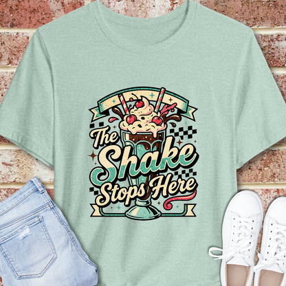 The Shake Stops Here T‑Shirt — Retro Diner Milkshake Graphic Tee