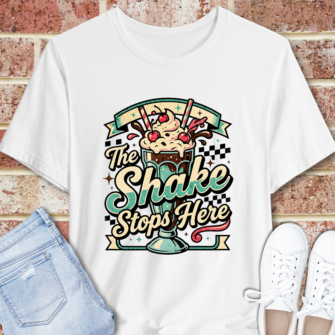 The Shake Stops Here T‑Shirt — Retro Diner Milkshake Graphic Tee