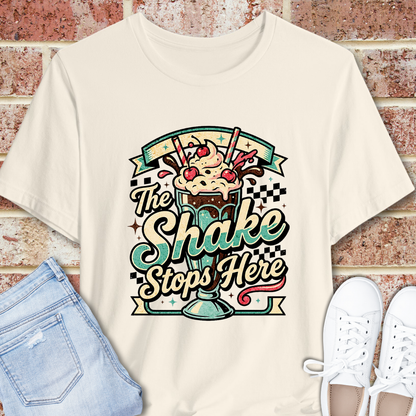 The Shake Stops Here T‑Shirt — Retro Diner Milkshake Graphic Tee