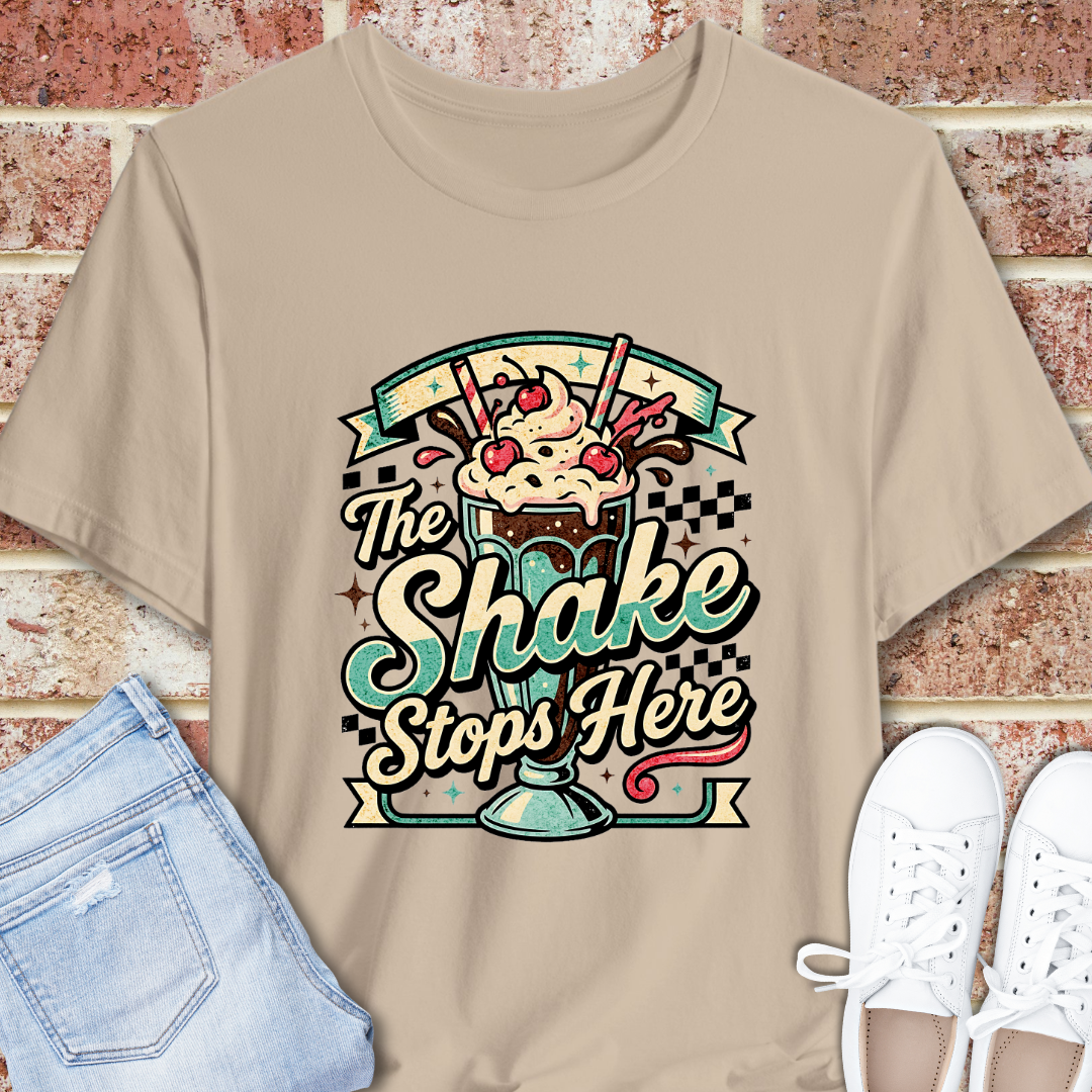 The Shake Stops Here T‑Shirt — Retro Diner Milkshake Graphic Tee