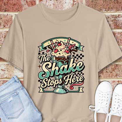 The Shake Stops Here T‑Shirt — Retro Diner Milkshake Graphic Tee