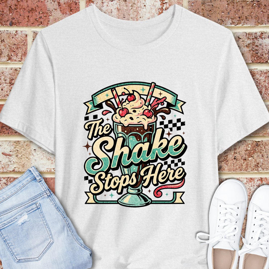The Shake Stops Here T‑Shirt — Retro Diner Milkshake Graphic Tee