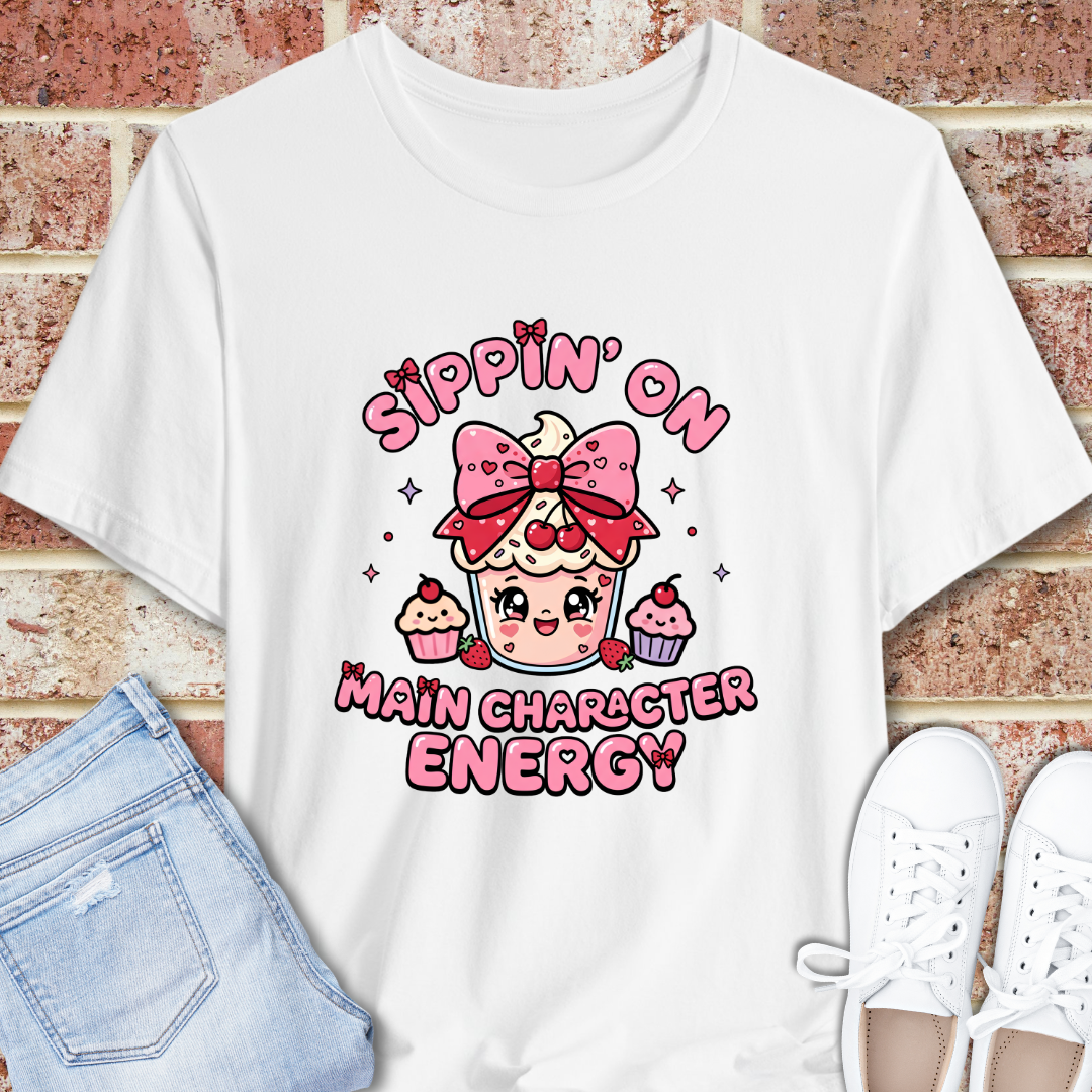 Sweet Treat Tee — “Sippin' On Main Character Energy” Cute Kawaii Graphic T-Shirt