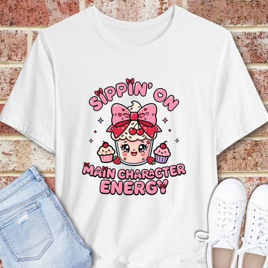Sweet Treat Tee — “Sippin' On Main Character Energy” Cute Kawaii Graphic T-Shirt