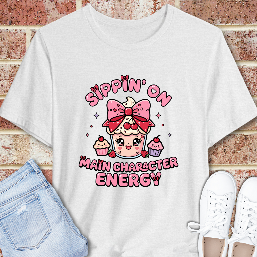 Sweet Treat Tee — “Sippin' On Main Character Energy” Cute Kawaii Graphic T-Shirt