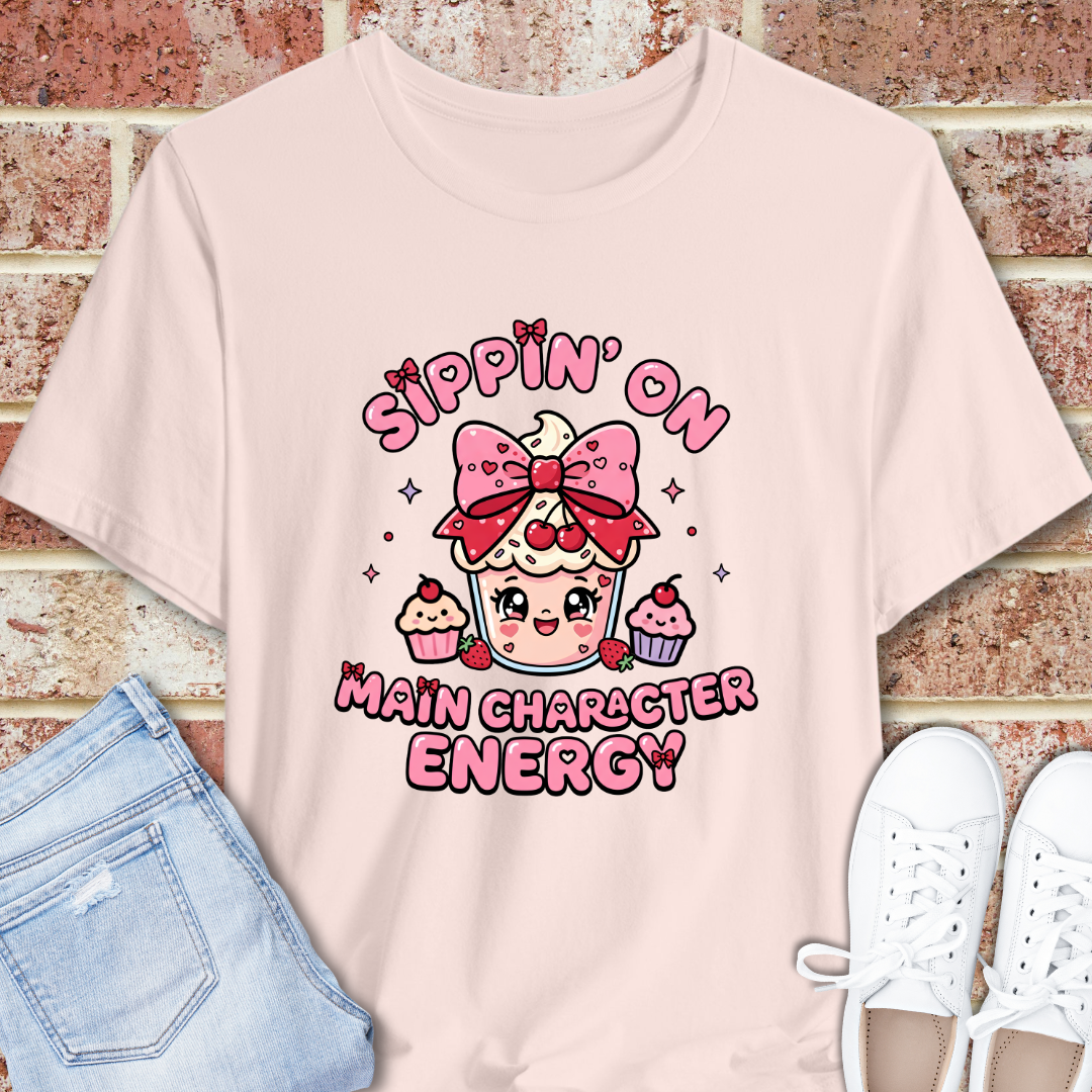 Sweet Treat Tee — “Sippin' On Main Character Energy” Cute Kawaii Graphic T-Shirt